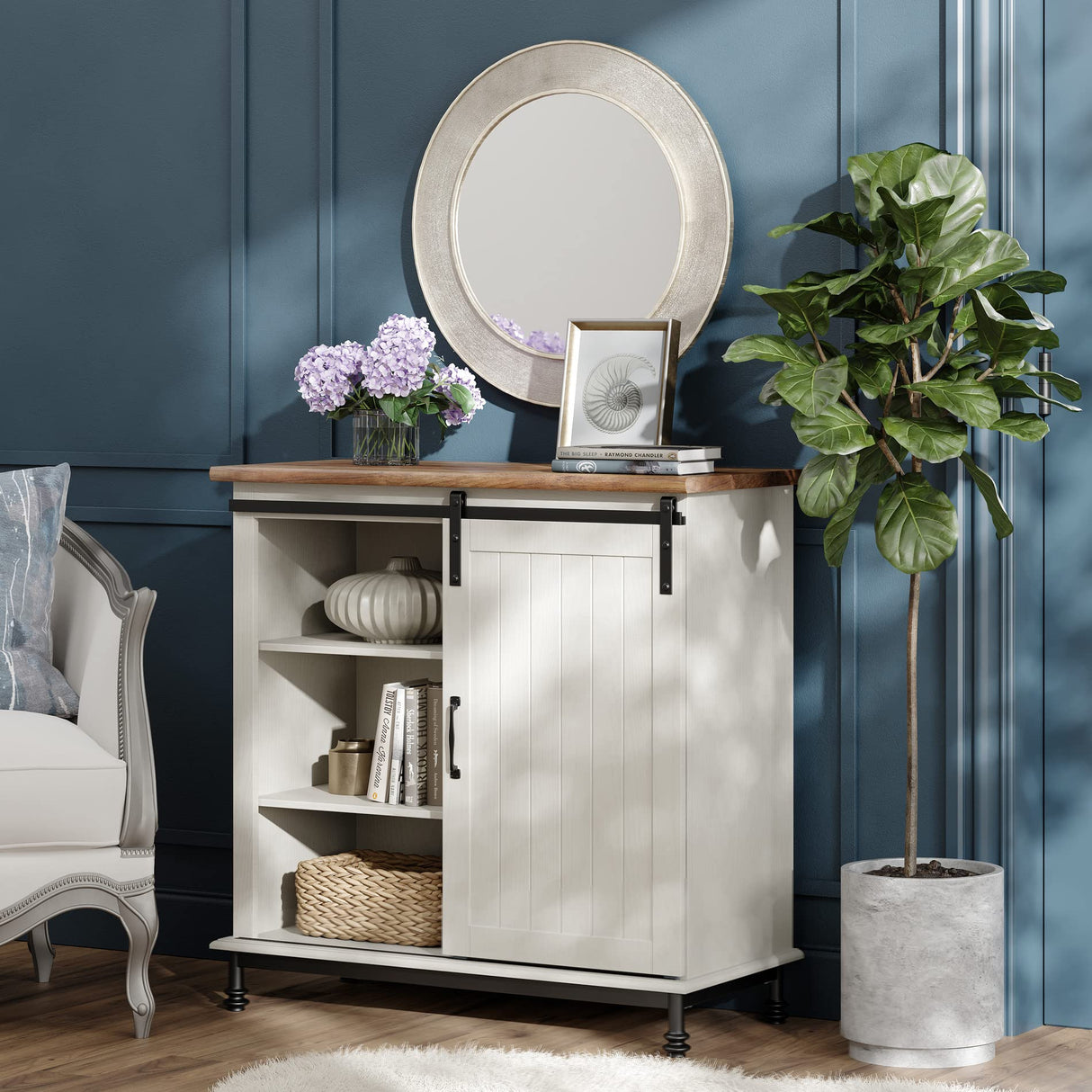 WAMPAT Farmhouse White Buffet Sideboard with Sliding Barn Door and Adjustable Shelf WAMPAT