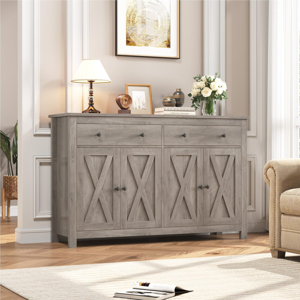 FOTOSOK Sideboard Buffet Cabinet with Storage, 55" Large Kitchen Storage Cabinet with 2 Drawers and 4 Doors, Wood Coffee Bar Cabinet Buffet Table for Kitchen Dining Room, Ash Grey FOTOSOK