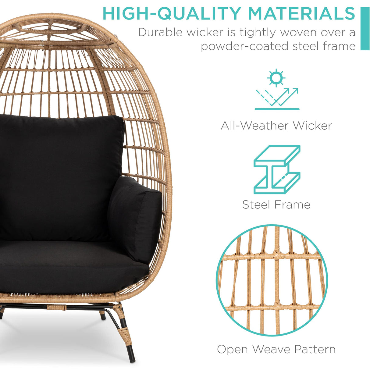 Best Choice Products Wicker Egg Chair, Oversized Indoor Outdoor Lounger for Patio, Backyard, Living Room w/ 4 Cushions, Steel Frame, 440lb Capacity - Black Best Choice Products