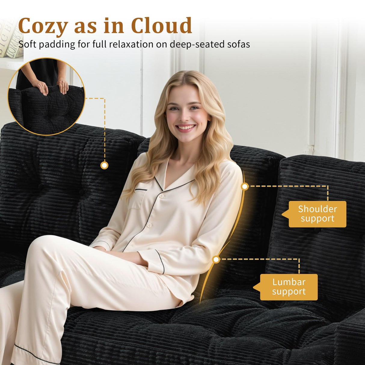 Korser 74" Boneless Couches for Living Room, Modern 3 Seater Sofa with Deep Seat, Comfy Cloud Sofa with Corduroy Fabric, No Assembly Couch, Bean Bag Couch for Bedroom, Dorm, Apartment, Black Korser