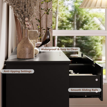 6 Drawers Black Dresser for Bedroom, Wood Large Double Dresser with Hidden Handles, Modern Dressers & Chests of Deep Drawers for Hallyway, Entryway