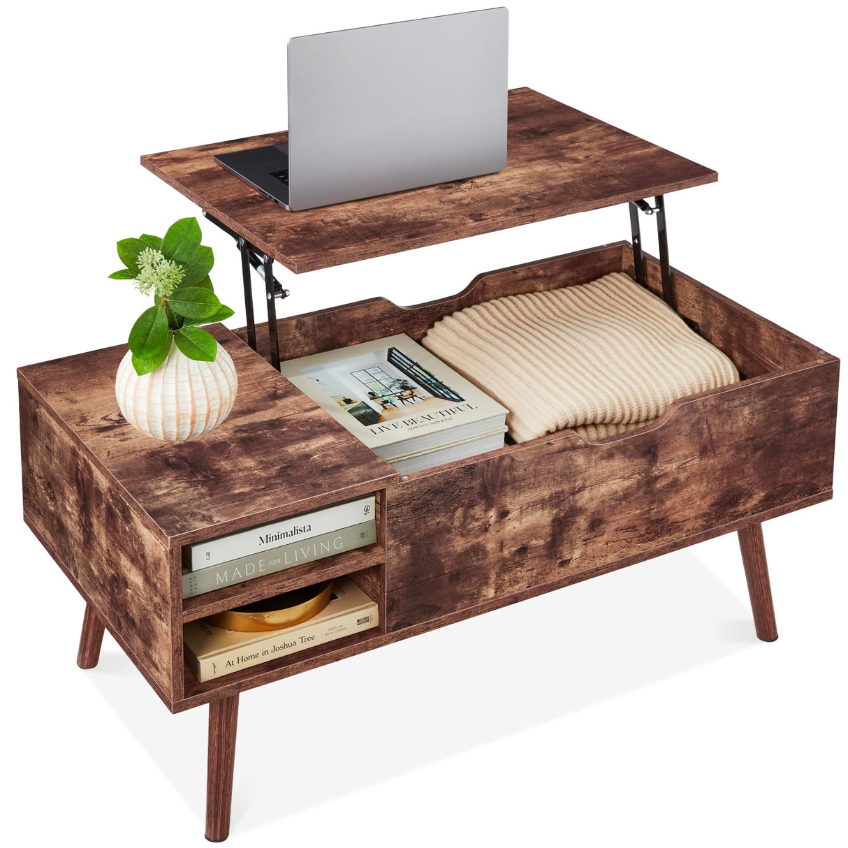 Best Choice Products Lift Top Coffee Table, Wooden Mid-Century Modern Multifunctional Accent Table for Living Room w/Hidden Storage, 2 Cubbies, Removable Shelf - Brown Best Choice Products