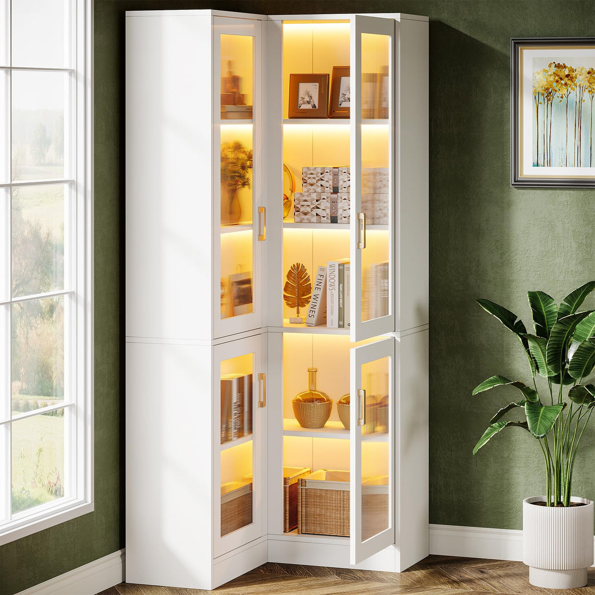 Tribesigns 70.9" Tall Bookcase, Modern 5-Tier Bookshelf Display Cabinet with with LED Light, L-Shaped Corner Storage Cabinet, White Tribesigns