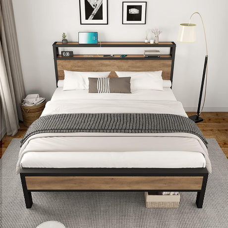 AMERLIFE Queen Size Bed Frame Industrial Platform Bed with Charging Station, 2-Tier Storage Headboard/No Box Spring Needed/Noise-Free/Rustic Brown AMERLIFE
