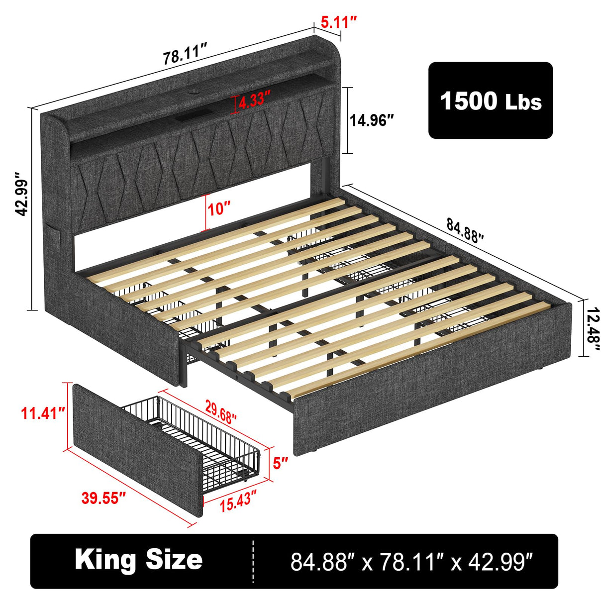 King Size Bed Frame and 2-Tier Headboard, Upholstered Led Bed Frame with 4 Storage Drawers, Led Light and Charging Station, Wooden Slats Support, No Box Spring Needed, NO Noise, Easy Assembly EasyCom