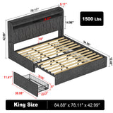 King Size Bed Frame and 2-Tier Headboard, Upholstered Led Bed Frame with 4 Storage Drawers, Led Light and Charging Station, Wooden Slats Support, No Box Spring Needed, NO Noise, Easy Assembly EasyCom