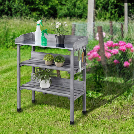 Topeakmart Fir Wood Potting Bench W/Storage Shelf W/Metal Tabletop W/Hook 3 Shelves Potting Table for Outdoor Garden Work Bench Gray Topeakmart