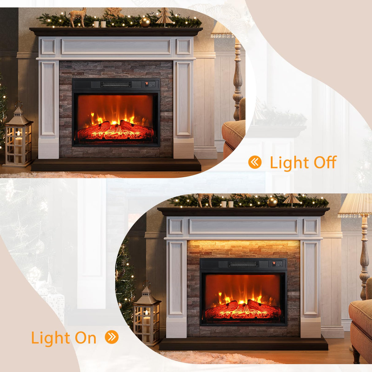 44" Electric Fireplace Mantel, LED Farmhouse TV Stand with Electric Fireplace Heater, Stacked Stone Surround and Remote Control 3D Realistic Flame, White Fireplace for Living Room Bedroom Naice