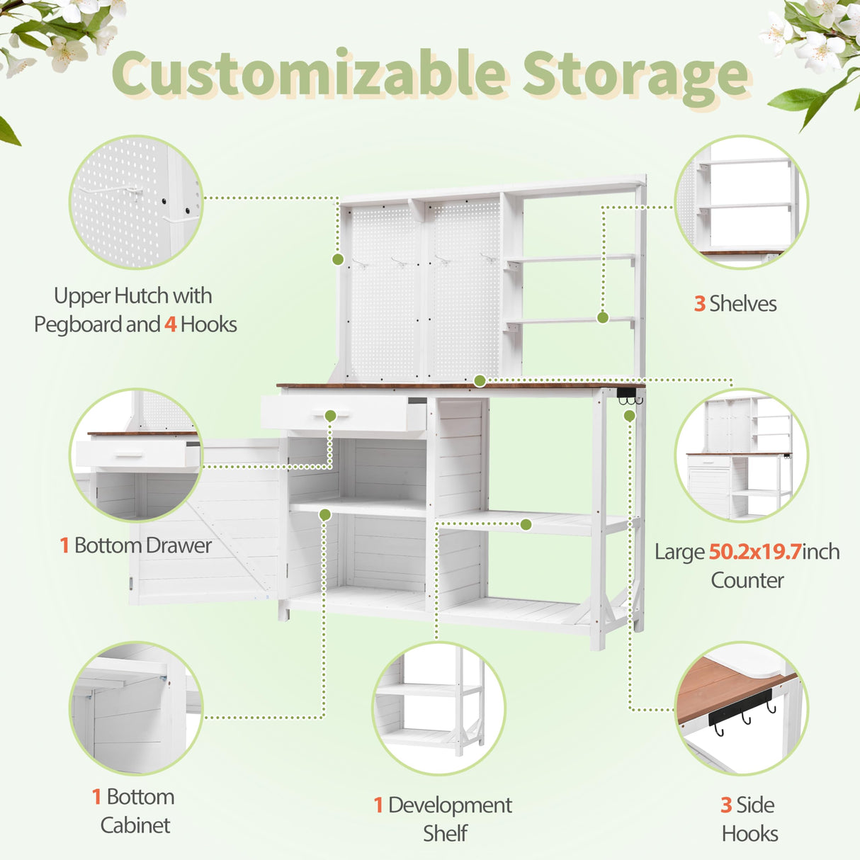 Garden Potting Bench Table with Hutch, Outdoor Wooden Workstation with 4 Shelves, Drawer, Cabinet and Hooks, White RuiSiSi