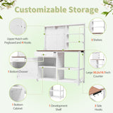 Garden Potting Bench Table with Hutch, Outdoor Wooden Workstation with 4 Shelves, Drawer, Cabinet and Hooks, White RuiSiSi