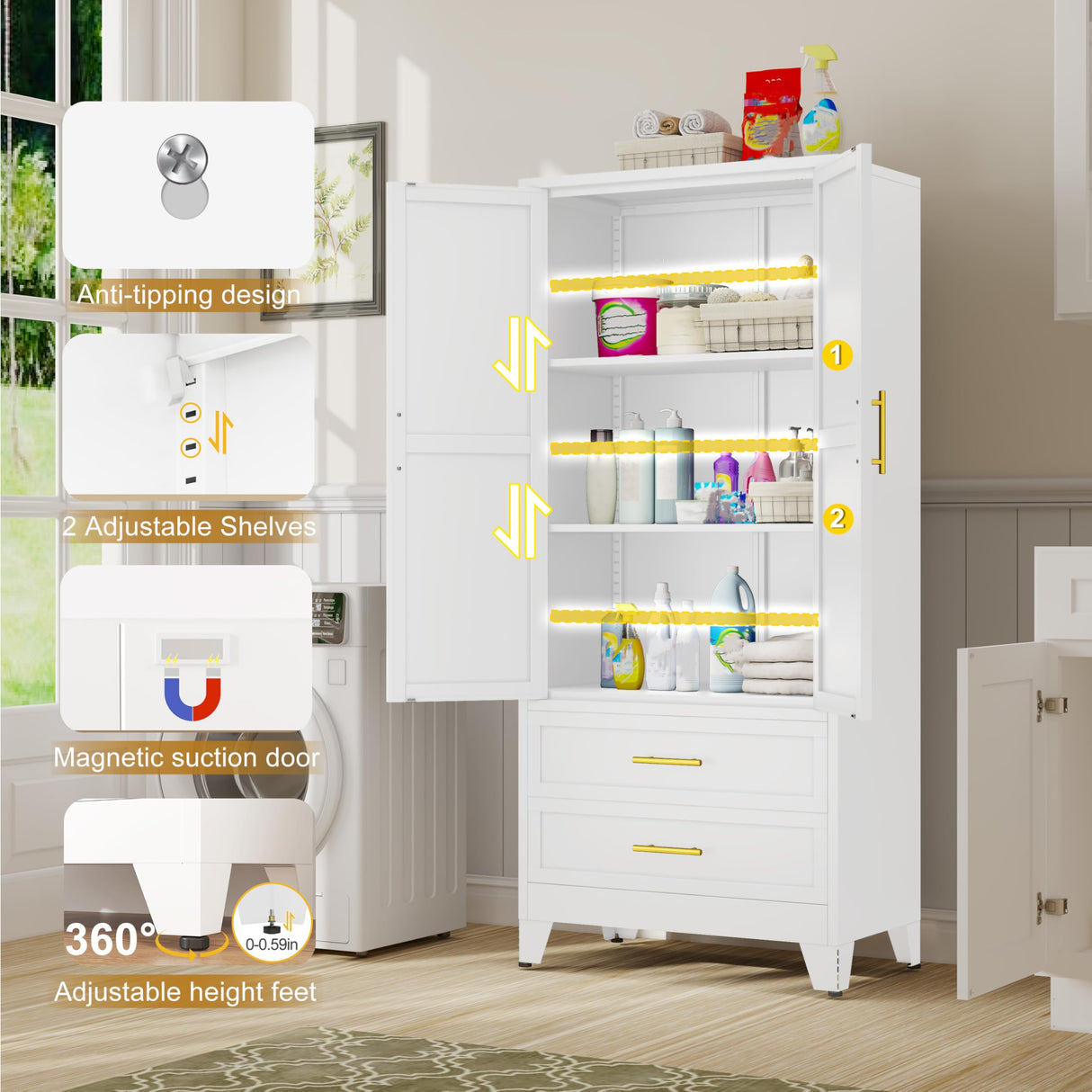 GAIOUS Steel Pantry Cabinet, 71" Metal Storage Cabinets with 2 Doors, 2 Adjustable Shelf and 2 Drawers, Freestanding Storage Cabinet for Bedroom, Kitchen, Living Room, Home Office (White) GAIOUS