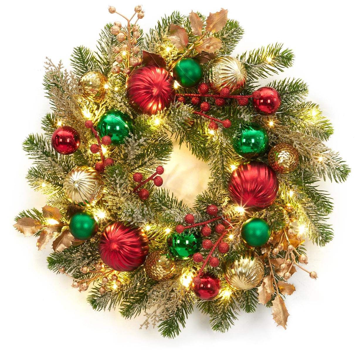 Adeeing 16" Christmas Wreath for Front Door, Lighted Christmas Wreath with 30 LED Lights Timer Red Green Gold Xmas Balls, Battery Operated Snow Flocked Winter Wreath for Fireplace Window Outdoor Decor Adeeing