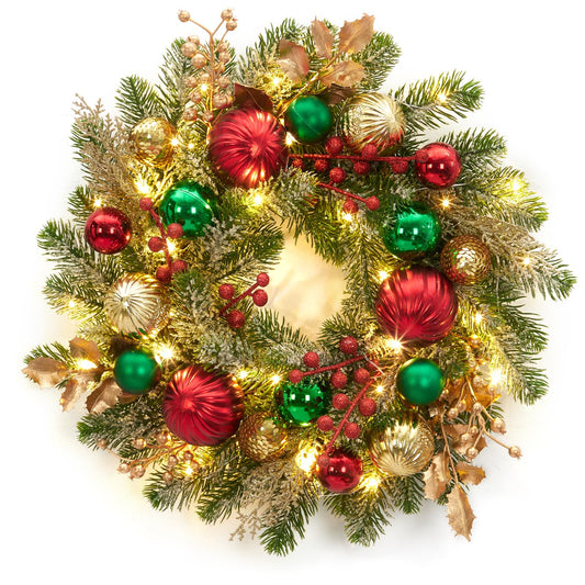 Adeeing 16" Christmas Wreath for Front Door, Lighted Christmas Wreath with 30 LED Lights Timer Red Green Gold Xmas Balls, Battery Operated Snow Flocked Winter Wreath for Fireplace Window Outdoor Decor