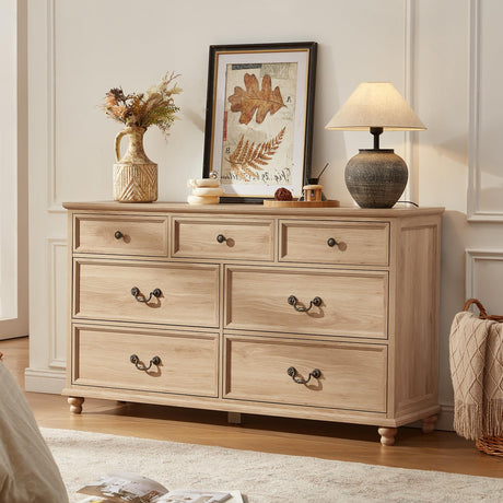 Joaxswe Farmhouse 54" 7 Drawers Dresser for Bedroom, Wide Chest of Drawers w/ 4 Wooden Legs, Vintage Rustic Large Closet Storage Dressers Organizer for Hallway, Wood TV Stand for Living Room, Natural Joaxswe