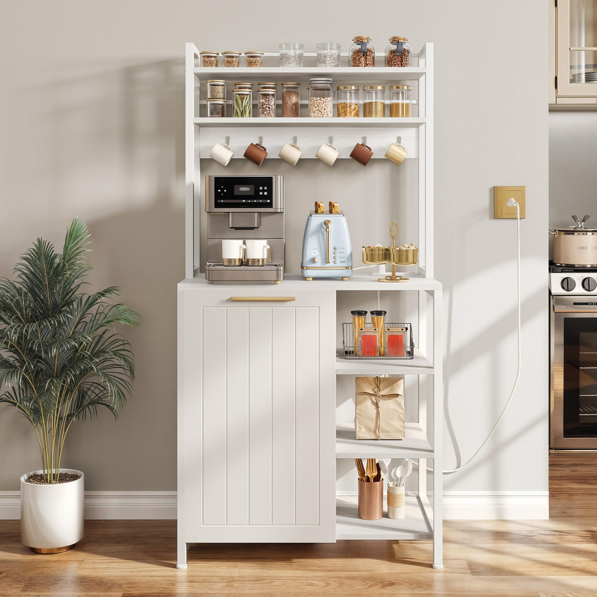 DWVO White Bakers Rack with Trash Can Bin Cabinet and Power Outlet, Microwave Stand Cabinet with 6 Hooks, 6-Tiers Farmhouse Kitchen Tall Thickened Coffee Bar Table Station with Storage Shelf DWVO