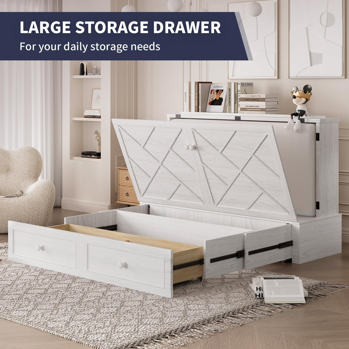 ijuicy Murphy Bed Queen with Foam Mattress, Convenient Murphy Bed Cabinet with Charging Station & Storage Board, Bed That Folds into Cabinet with Large Storage Drawer for Bedroom,Guest Room(White) ijuicy