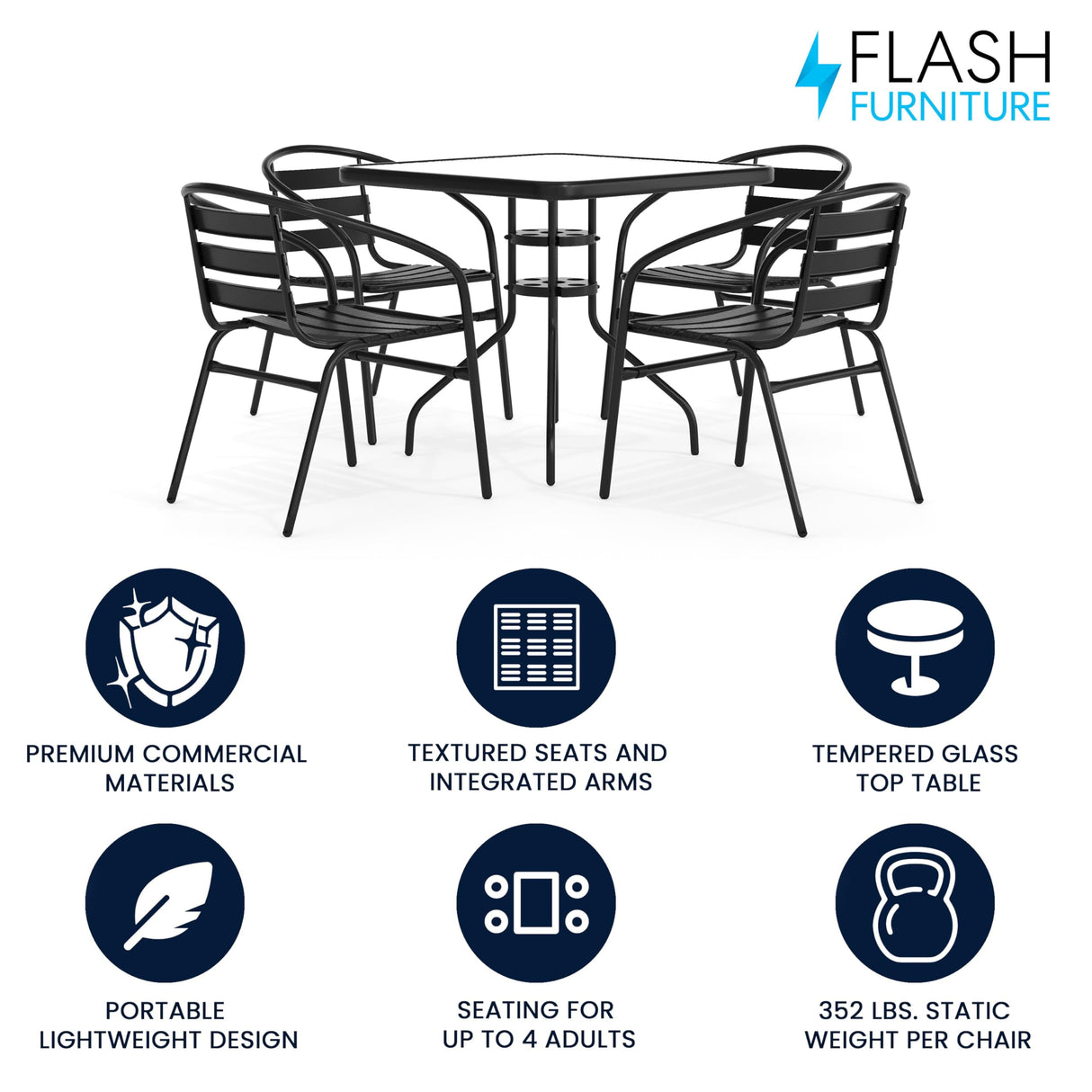Flash Furniture 5-Piece Patio Dining Set with 31.5" Square Glass Metal Table and 4 Stackable Slat Back Chairs, Indoor/Outdoor Bistro Table and Chairs Set, Black Flash Furniture