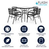 Flash Furniture 5-Piece Patio Dining Set with 31.5" Square Glass Metal Table and 4 Stackable Slat Back Chairs, Indoor/Outdoor Bistro Table and Chairs Set, Black Flash Furniture