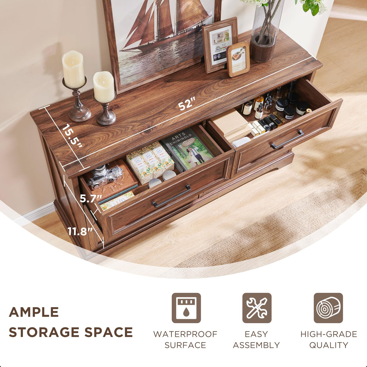 JXQTLINGMU Farmhouse 6 Drawers Dresser for Bedroom, 52'' Wide Large Wood Dressers with Bar Handles, Chests of Drawers with Storage Dressers Organizer for Bedroom, Hallway Off White JXQTLINGMU