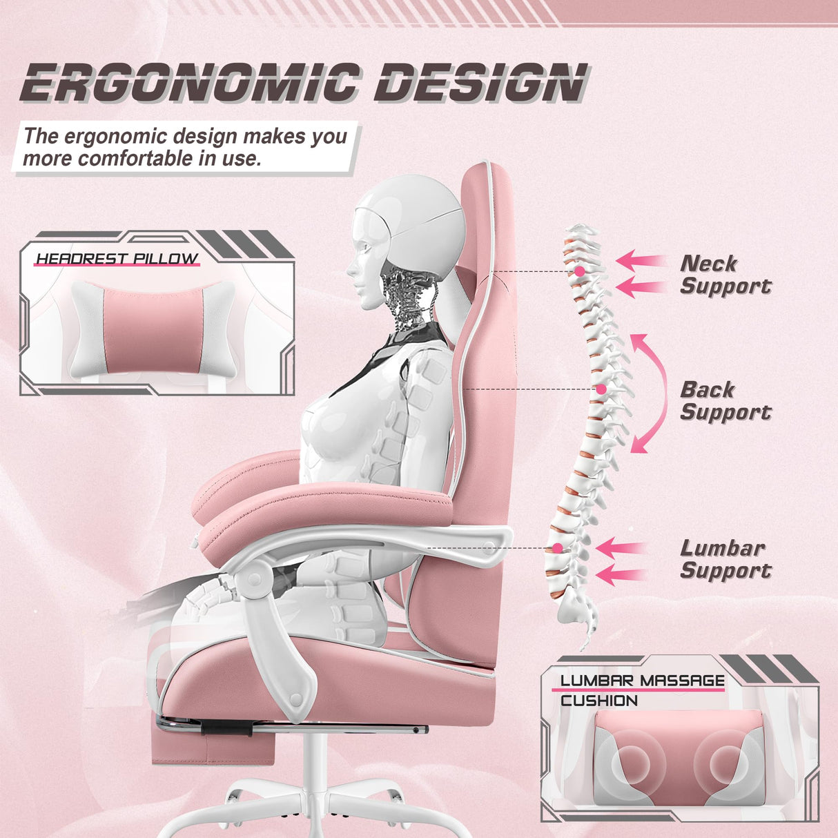 Shahoo Gaming Chair with Footrest and Massage Lumbar Support, Video Racing Seat Height Adjustable with 360°Swivel and Headrest for Office or Bedroom, Pink Shahoo
