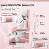Shahoo Gaming Chair with Footrest and Massage Lumbar Support, Video Racing Seat Height Adjustable with 360°Swivel and Headrest for Office or Bedroom, Pink Shahoo