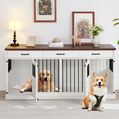 70.9 inches Dog Crate Furniture for 2 Dogs Double Dog Crate Wooden Heavy Duty Dog Kennel Furniture TV Stand with 3 Drawers for Large Medium Dogs White