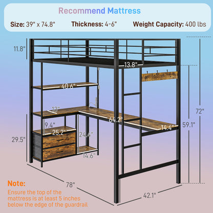 HOMCOM Metal Loft Bed Twin Size with L-Shaped Desk, LED Lights, Charging Station, for Teens Adults, Twin Loft Bed Frame with Fabric Drawers, Guardrail, Ladder, Noise Free, No Box Spring Needed, Black