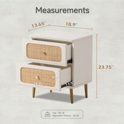 LONYKE Wicker Rattan Nightstand Set of 2, 2-Drawer End Table White Finish Side Table for Small Spaces, Modern Farmhouse Wooden Bedside Table, Boho Mid-Century Coastal Storage Cabinet - WoodArtSupply