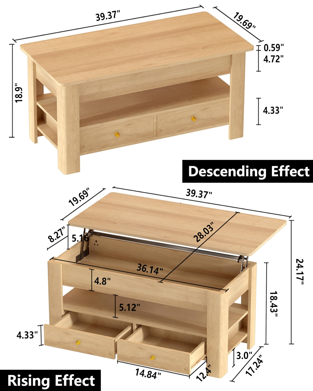 44" Lift Top Coffee Table with Hidden Storage Compartment & 2 Drawers, Spacious Convertible Table, Effortless Hydraulic Lift Top, Modern Rustic Design for Living Room & Home Office, Natural Oak Jpiziso