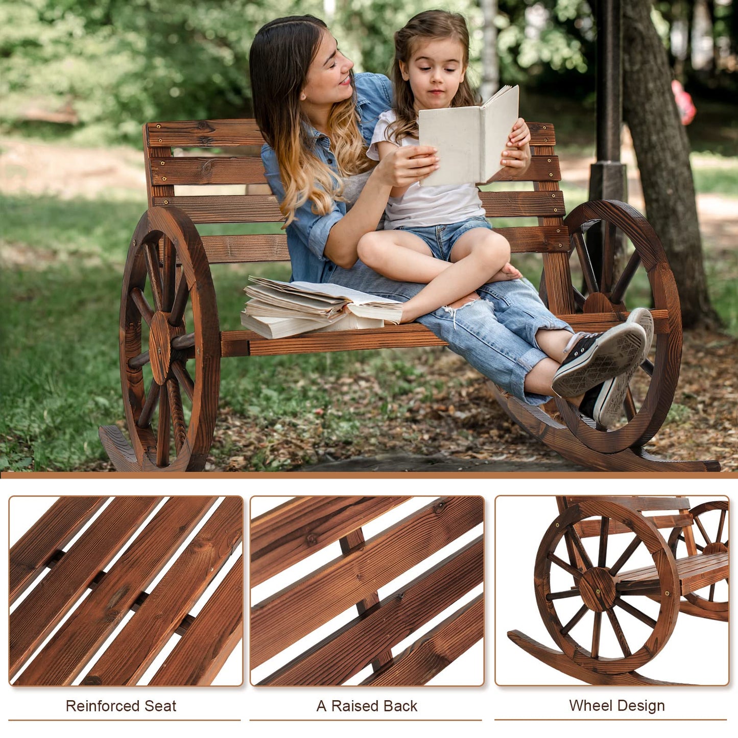 Outdoor Wood Rocking Chair Wooden Wagon Wheel Bench, Rustic Patio Rocker Chair for Porch Lawn Garden Balcony Poolside, Brown