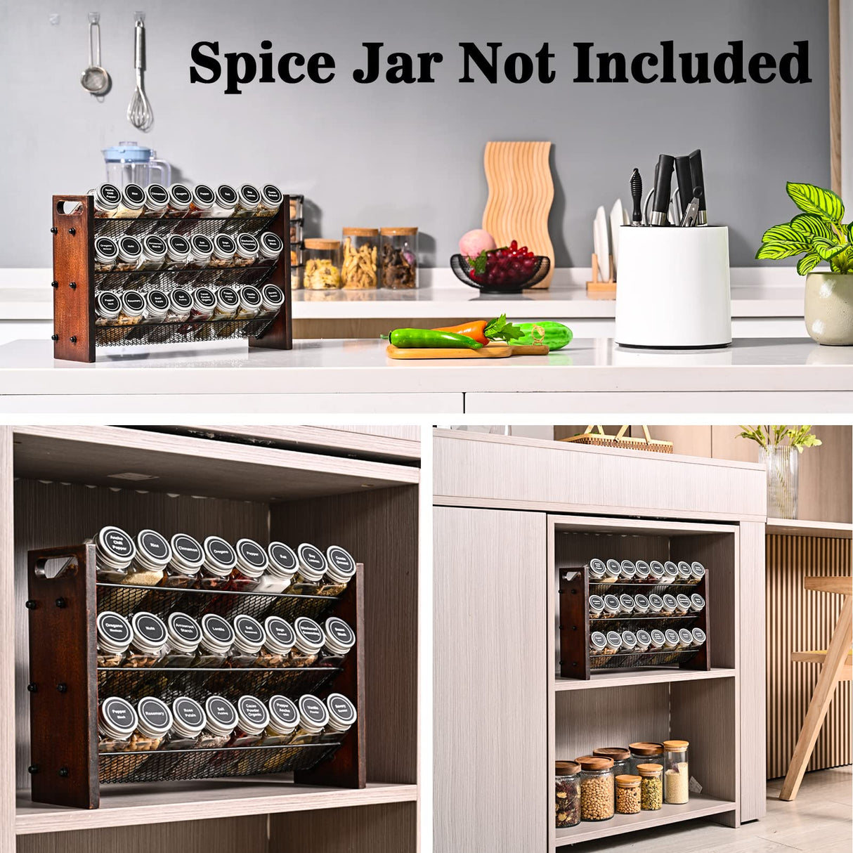 Roykoota Spice Rack, Spice Rack Organizer without Seasoning Jars, Wooden Spice Organizer, Rustic 3 Tier Kitchen Spice Rack Shelf for Cabinet, Countertop or Wall Mount Roykoota