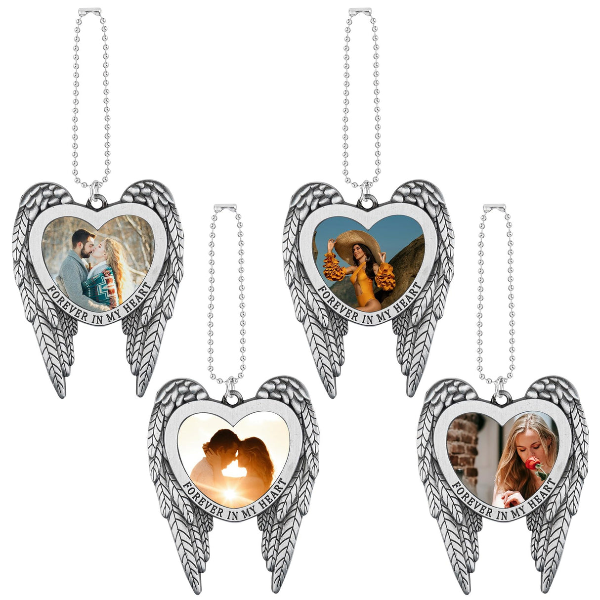 Framendino, 4 Pack Silver Angel Wing Pendant Love Heart Personalized Car Hanging Ornament with Sublimation Blank Heat Transfer Photo for Home Window Framendino