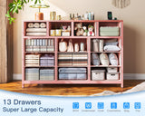 Casaottima Dresser for Bedroom with Charging Station, 55" Long Dresser with 13 Storage Drawers, Large Fabric Dressers Chests of Drawers with Shelves, Pink Casaottima
