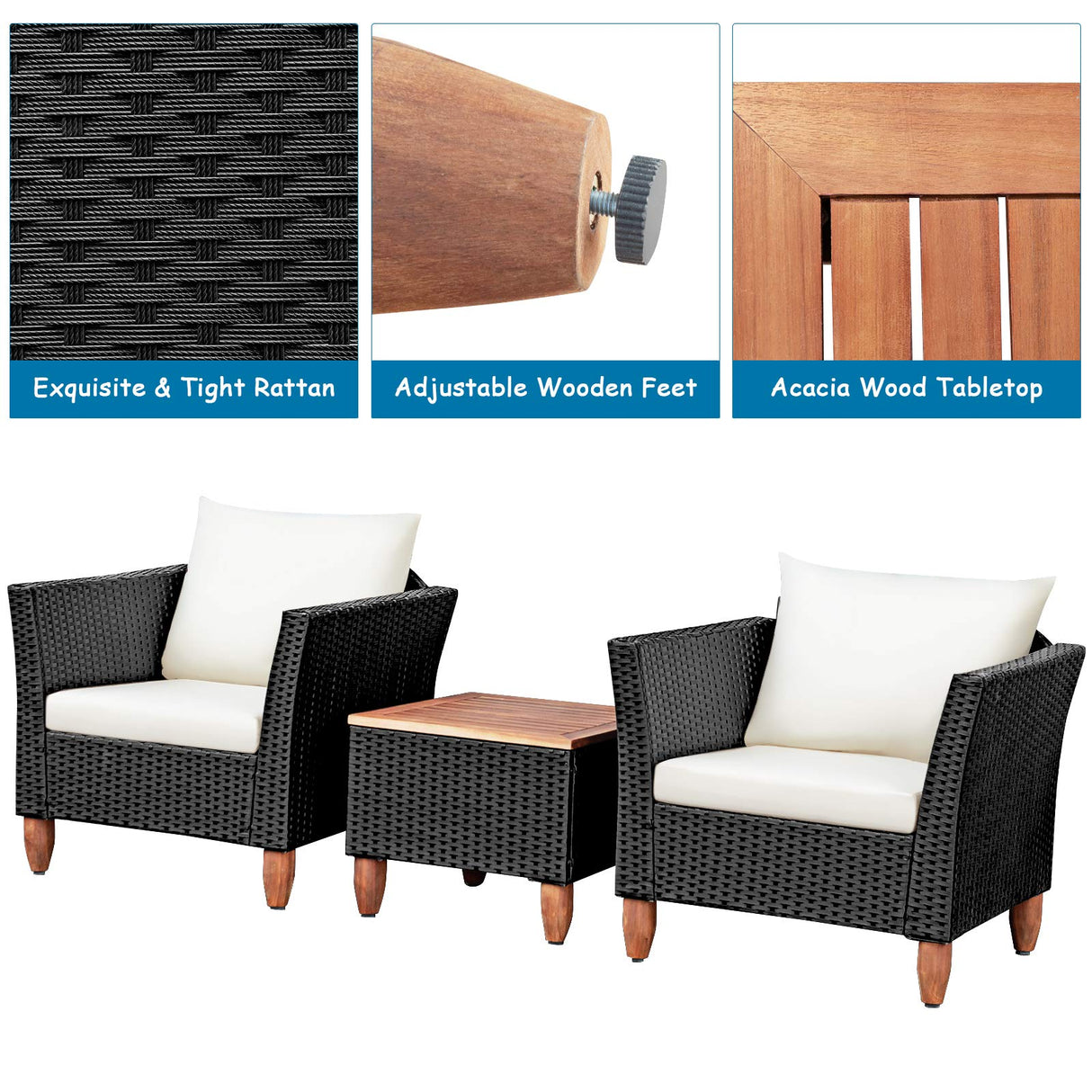 Tangkula 3 Piece Patio Furniture Set, Patiojoy Outdoor Wicker Rattan Bistro Sofa Set w/Washable Cushion, Acacia Wood Top Coffee Table, Conversation Set for Balcony Backyard Porch (White) Tangkula