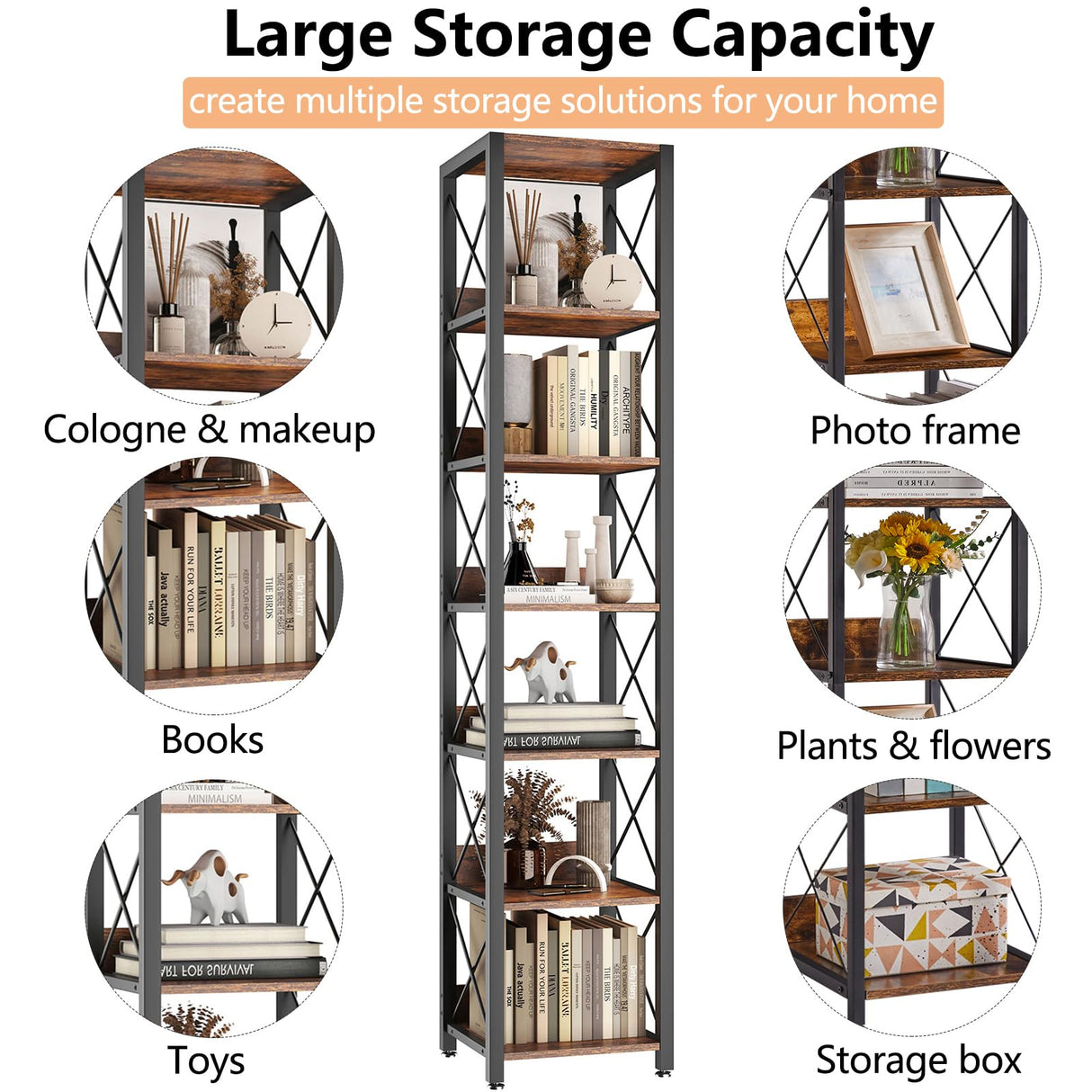 IBUYKE 6-Tier Tall Narrow Corner Bookcase for Small Space Storage in Rustic Brown IBUYKE