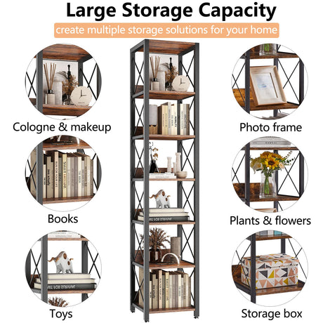 IBUYKE 6-Tier Tall Narrow Corner Bookcase for Small Space Storage in Rustic Brown IBUYKE