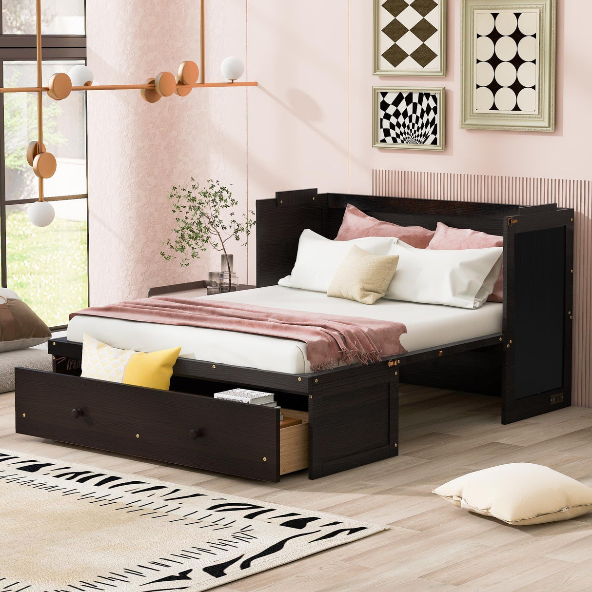 P PURLOVE Full Size Murphy Bed,Solid Wood Murphy Bed Frame with USB Port and a Large Drawer,Murphy Cabinet Bed Espresso P PURLOVE