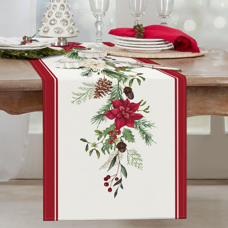 Bonhause Christmas Poinsettia Table Runner 13x72 Inch Red Floral Pine Branch Seasonal Winter Holiday Kitchen Dining Table Decoration for Indoor Outdoor Home Party Decor Bonhause