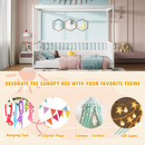 Full Size Canopy Bed Frame with 4 Posters and Guardrails, Full Size Montessori Floor Bed with High Fence, White Montessori Bed Bellemave