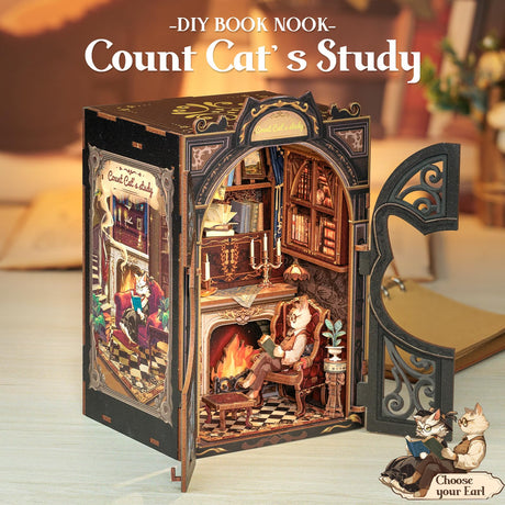 Cutefun Book Nook Kit - DIY Miniature House Kit for Bookshelf Decor, Book Nook Kits for Adults & Beginners, 3D Wooden Puzzle Dollhouse, Ideal Gift for Family and Friends (Count Cat's Study) Cutefun