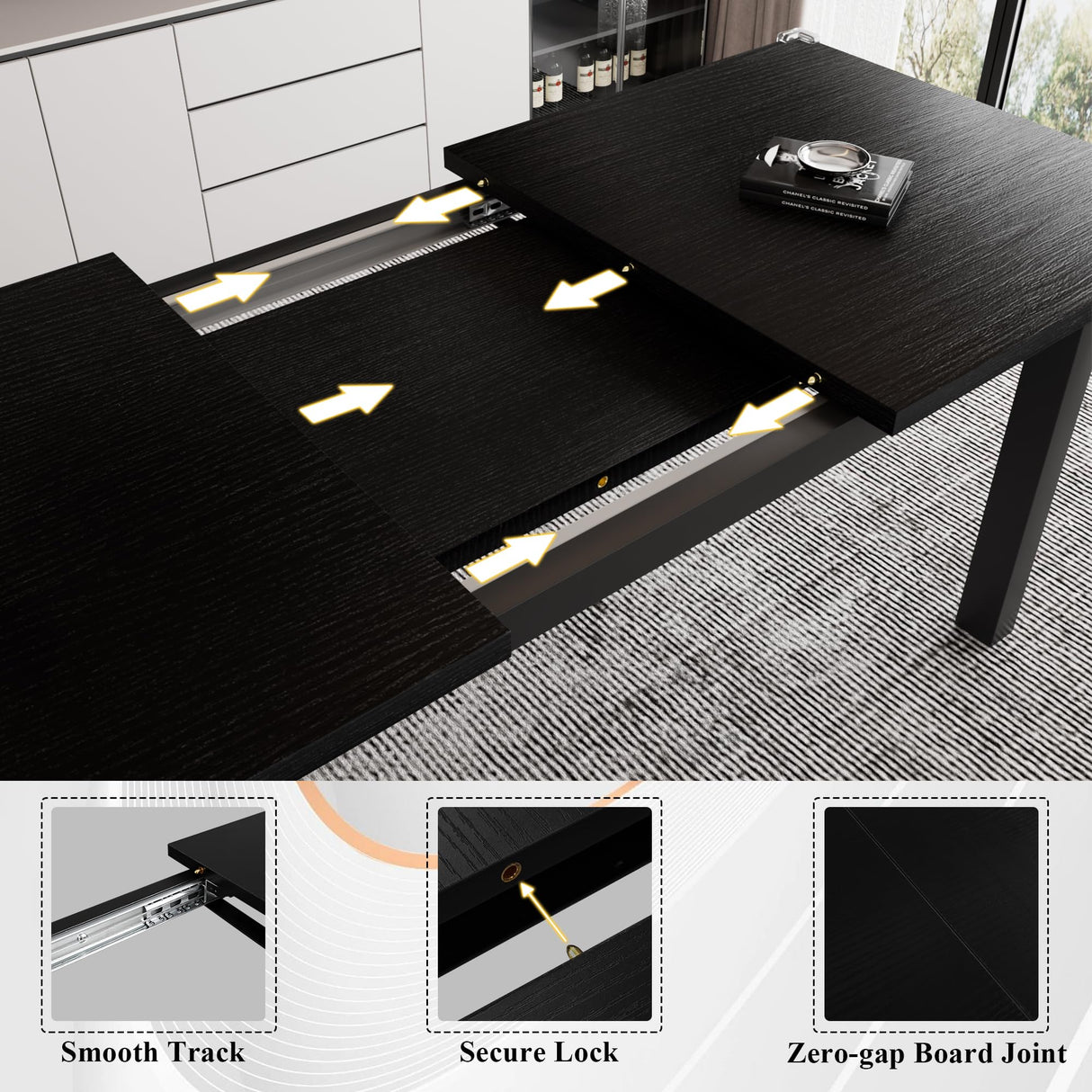 iPormis 5-Piece Dining Table Set for 4-8 People, Extendable Kitchen Table Set with 2 Benches and 2 Square Stools, Mid-Century Dining Room Table with Metal Frame & MDF Board, Saving Space, Black iPormis