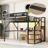 KEIKI Queen Size Metal Loft Bed Frame with Desk, Staircase, Built-in Storage Shelves and Wardrobe, Modern Loft Bed with Solid Slat, Guardrail, No Box Spring Required, Easy Assembly, for Bedroom, Black KEIKI