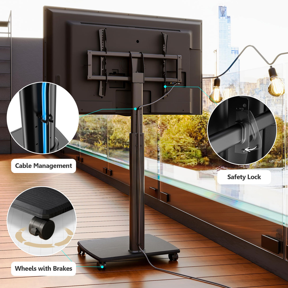 FITUEYES Rolling TV Stand with Power Outlets, Swivel Portable TV Stand for 32-70 Inch LCD LED OLED Flat/Curved Panel Screen TVs,Height Adjustable&Wood Base, Mobile TV cart Holds up to 99Lbs, Black. FITUEYES