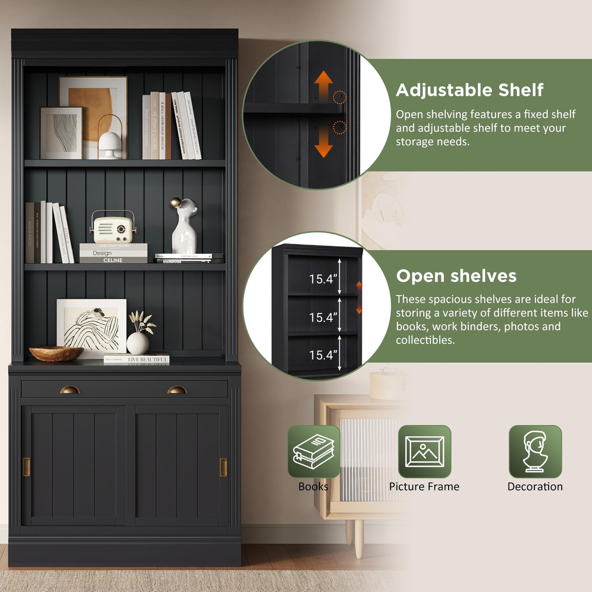 Merax Modern Bookcase with Sliding Doors,83.4" Tall Bookshelf with Drawer,Storage Book Case for Living Room Home Office,White Merax