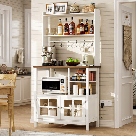 ChooChoo Farmhouse Bakers Rack with Power Outlets and Storage, Coffee Bar Cabinet with Storage, Microwave Stand Kitchen Cabinet with Hutch and 6 Hooks, Soft White & Brown ChooChoo