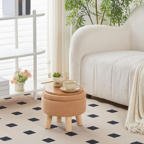 Wimarsbon Storage Ottoman, Modern Round Footrest with Soft Padded Seat, Teddy Velvet Footstool with Wood Legs, Accent Small Table or Plant Stand for Hallway, Living Room (Champagne) Wimarsbon