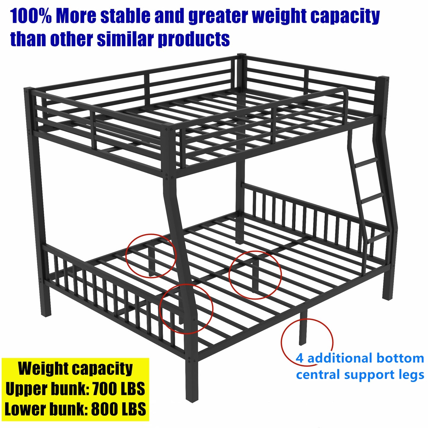 TSAMPA Latest Upgraded & Stronger Heavy Duty Black Metal Bunk Bed Frame Full XL Over Queen Size, Thickened Safer More Stable Bunkbed Bunk Queen Bed (Easier to Assemble) (Full XL Over Queen)