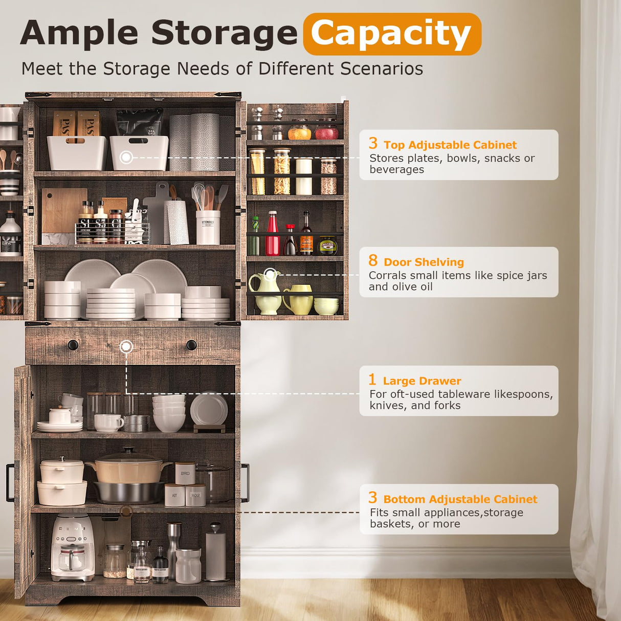 Teekyooly 72" Tall Farmhouse Kitchen Pantry Cabinet, Large Storage Cabinet with 6 Adjustable Shelves, 4 Barn Doors & Drawer for Bathroom, Dining Room, Brown Teekyooly