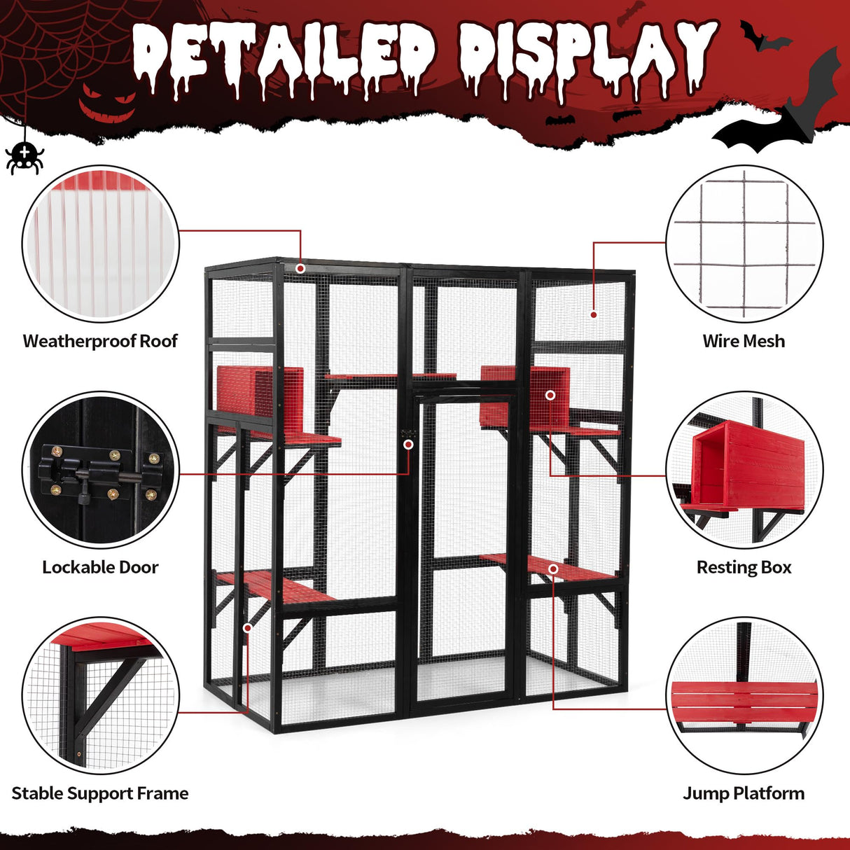COZIWOW 70Inches Large Spacious Wooden Catio Outdoor Cat Enclosure with Perches and Condos, Cat Cage Indoor with Waterproof Roof, 7 Platforms & 2 Resting Box, UV Resistant (Gothic) COZIWOW