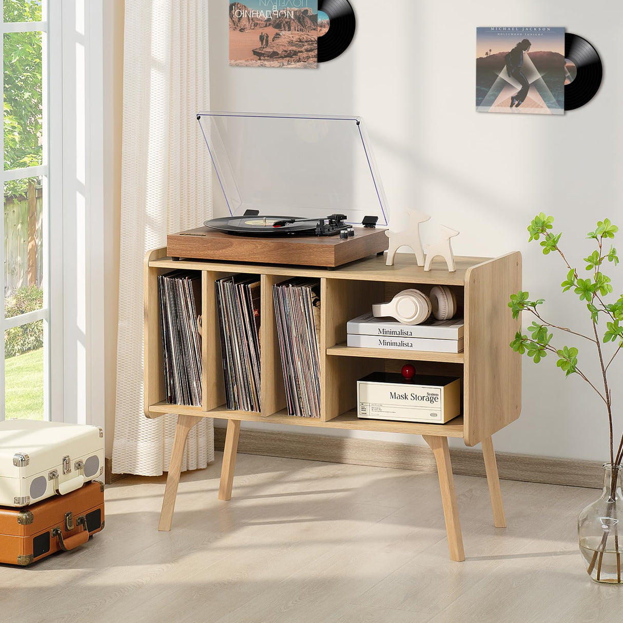 Lerliuo Record Player Stand with 4 Cabinet Holds Up to 220 Albums, Large Stand with Beech Wood Legs, Mid-Century Record Player Table,Burlywood Vinyl Holder Storage Shelf for Living Room Lerliuo